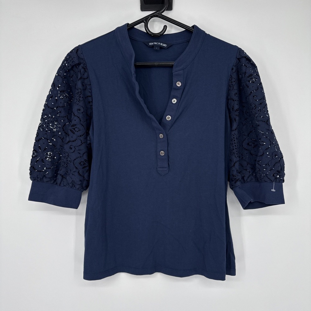 NWOT Veronica Beard Coralee Lace Puff Sleeve Button Front Top Womens Large